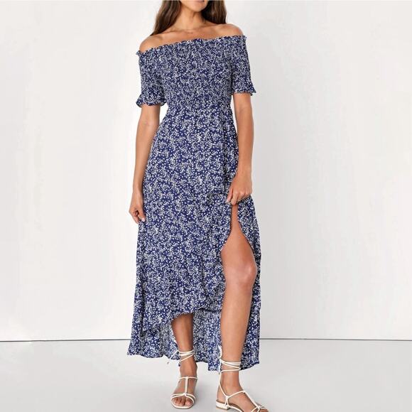 LULUS Fleur-Tation Blue Floral Off Shoulder Midi Hi Lo Dress XL Smocked Cottage - Picture 1 of 7